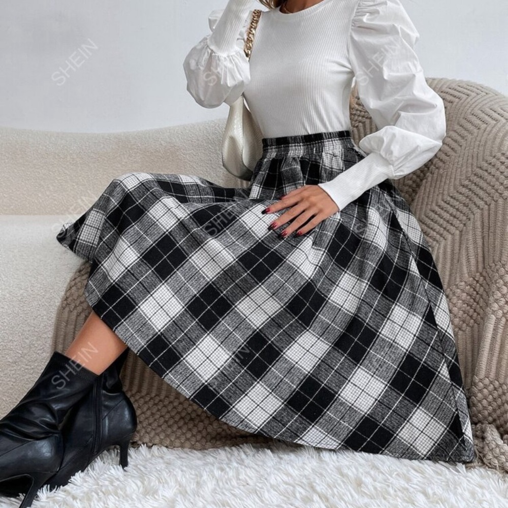 SHEIN LUNE Elastic Waist Plaid Print Skirt